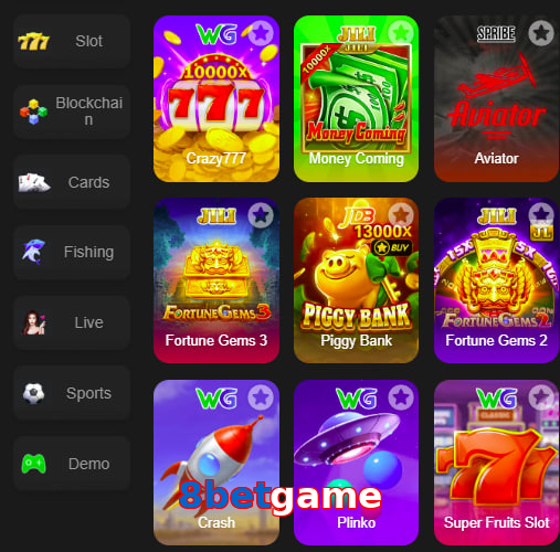 Main screen of 8Betgame game page for PK players